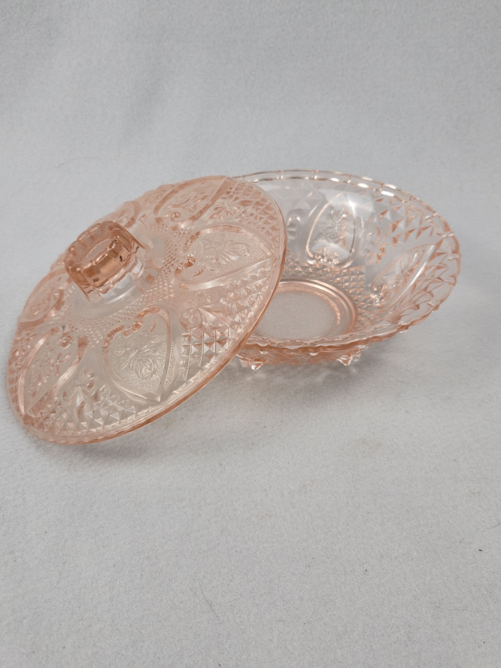 KIG Malaysia Vintage Pink Pressed Glass Covered Candy Dish Footed Trinket Bowl